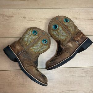Ariat Fatbaby Sheila Boots Womens 8.5 Brown Leather Teal Western Cowboy Country